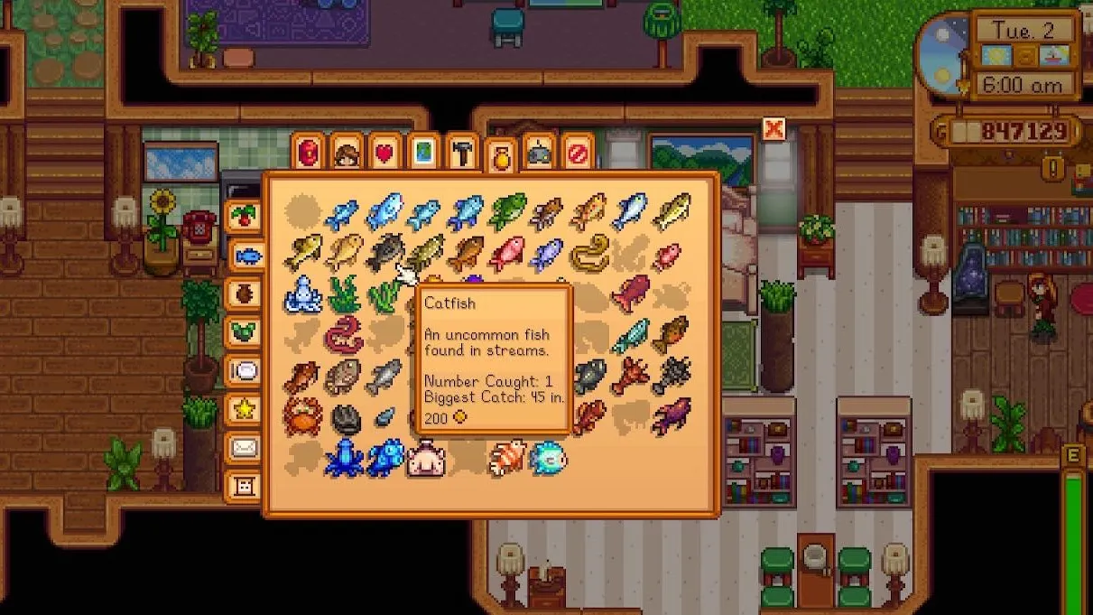 Catfish on the collection page in Stardew Valley.