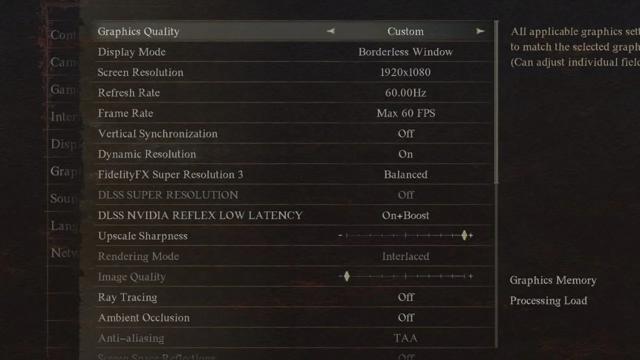 The graphics settings screen in Dragon's Dogma 2.