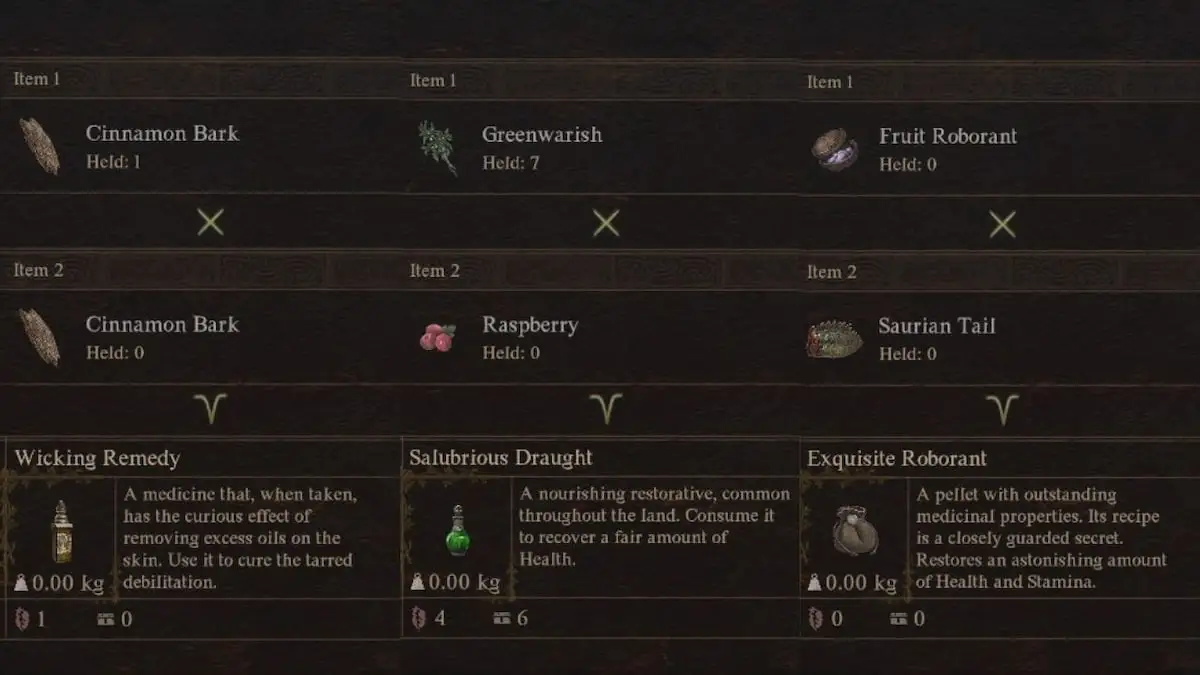 Three recipes in Dragon's Dogma 2 side by side.