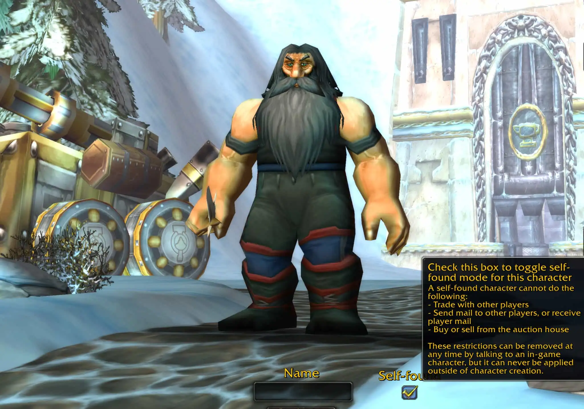 A Dwarf Rogue in the character creation screen in WoW Classic with the Solo Self Found mode ruleset being ticked off and enabled