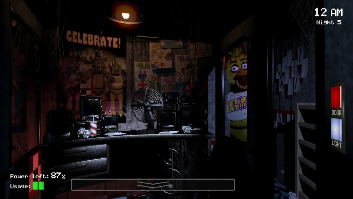 Five Nights at Freddy's security guard's desk with Chica looking at the player through the door.