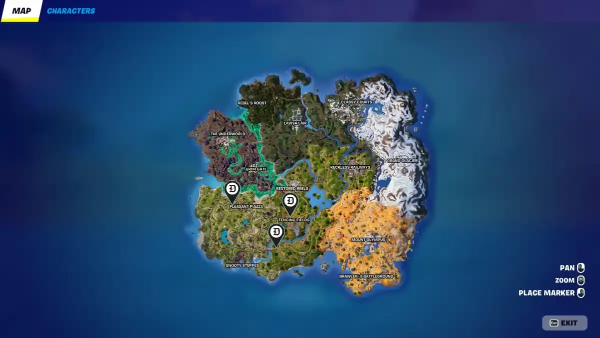 Fortnite map with markers over Pleasant Piazza, Fencing Fields, and area south of Fencing Fields