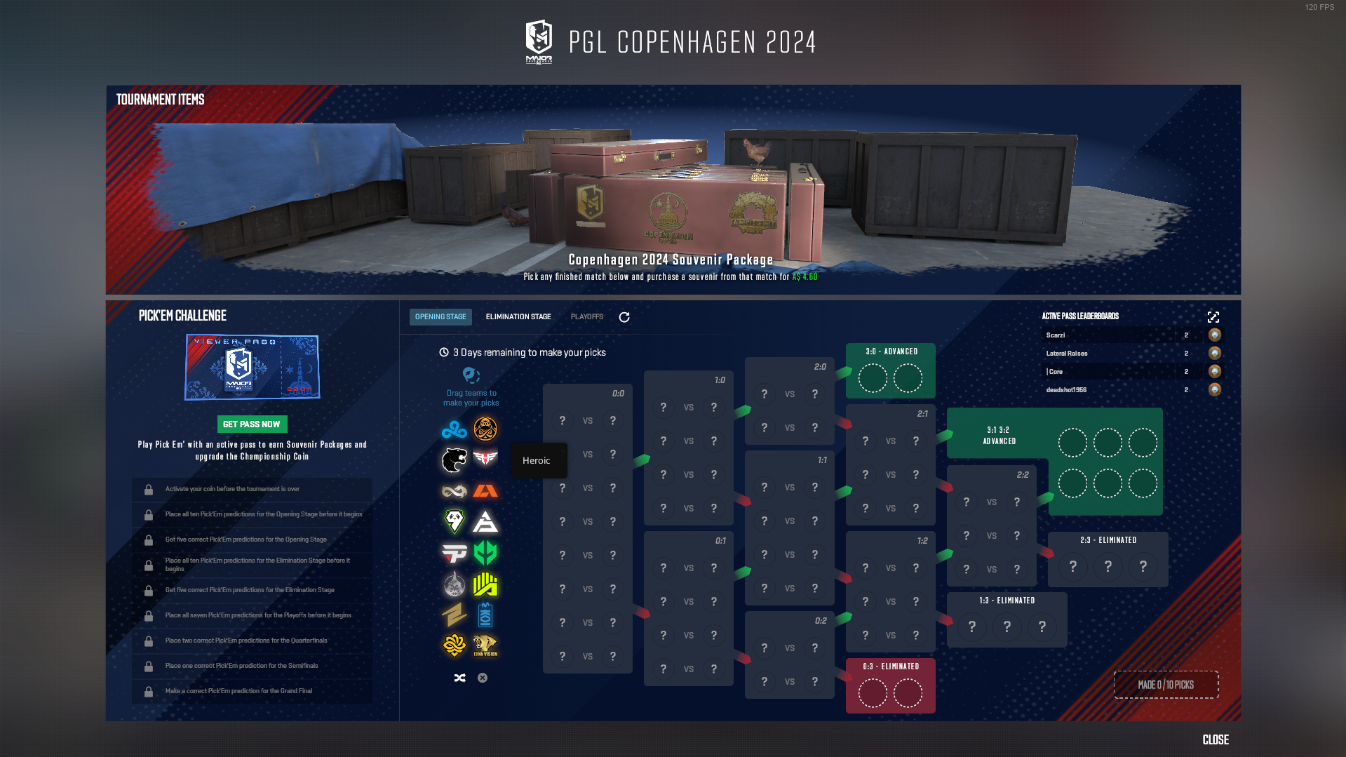 A screenshot of the Copenhagen Major Pick'Ems page.