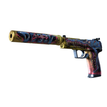 The USP-S silenced pistol from CS2 painted in various colors with a massive crocodile with open jaws drawn on its side. 