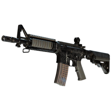 The M4A4 Etch Lord skin in CS2 giving the weapon a grey-black theme and several engravings on the side. 