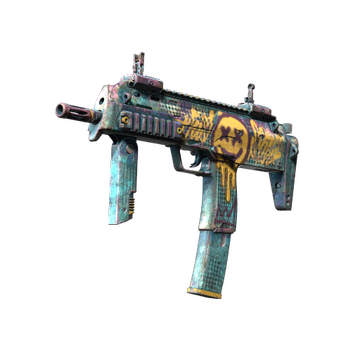 The MP7 weapon from CS2 painted light blue and given a large yellow smiley face on the side which has two Xs for eyes. 