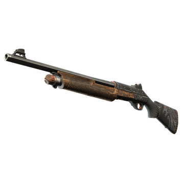 A simple pump shotgun in Counter-Strike 2 with wooden coloring and a metallic finish. 