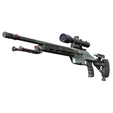 The SSG-08 Sniper Rifle in Counter-Strike 2 painted grey and black, it has a scope and a bipod is attached and raised below the muzzle. 