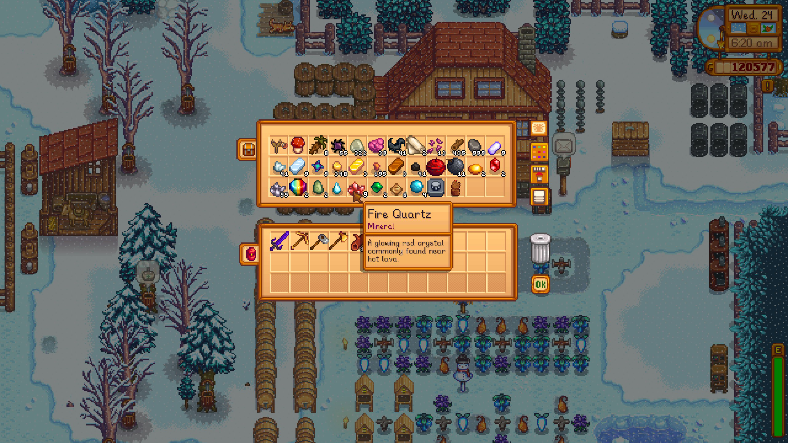 Fire Quartz in a chest in Stardew Valley.