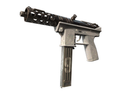 A tec-9 semi-automatic pistol in CS2 painted grey with a military green-gold magazine with a 9 stamped on it. 