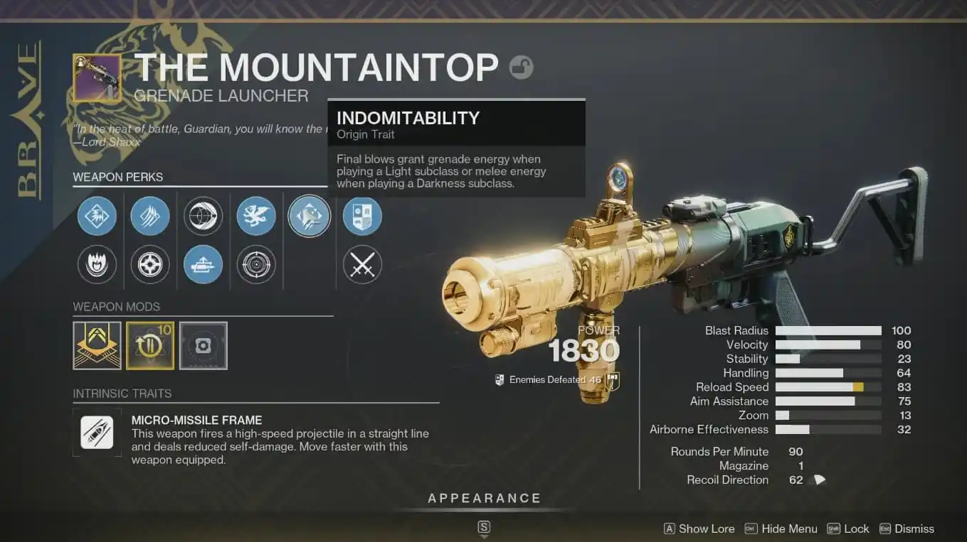 The Mountaintop grenade launcher from Destiny 2.