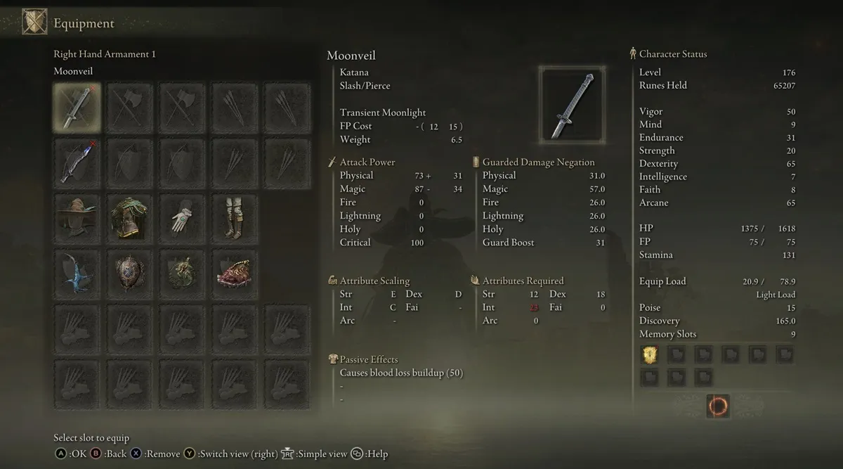 Moonveil katana weapon in Elden Ring.