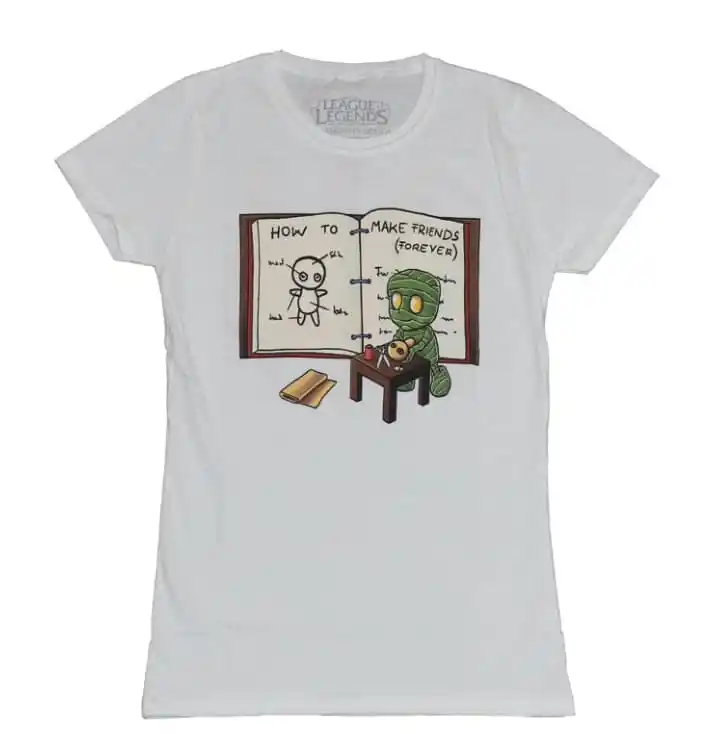 Amumu learning to make friends on a white T-shirt.