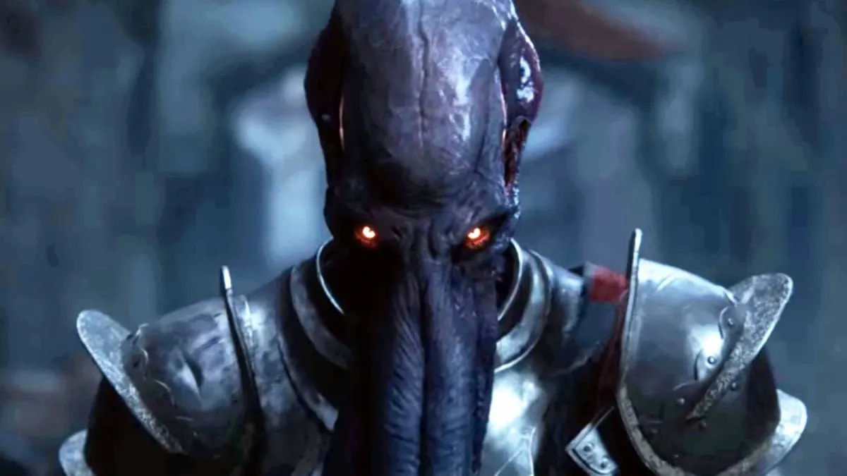 A Mind Flayer with an ominous gaze in Baldur's Gate 3.