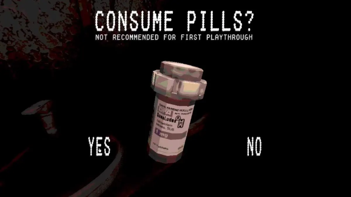 Looking at the consume pill menu with yes and no options on screen to enter Double or Nothing mode in Buckshot Roulette