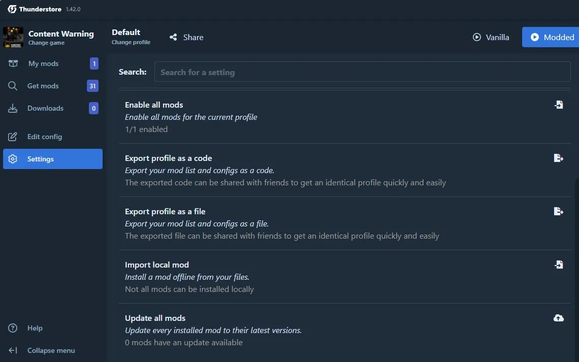 A screenshot of the settings menu in Thunderstore Mod Manager