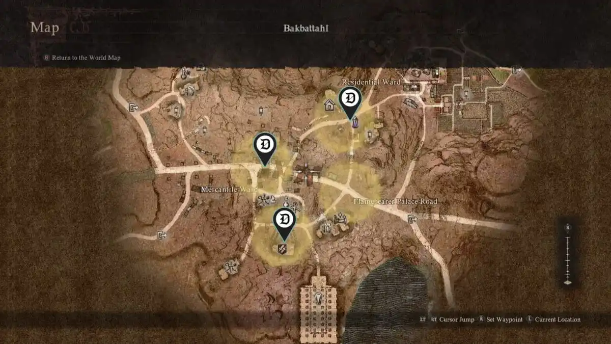 The three locations for the Civil Unrest quest in Dragon's Dogma 2.