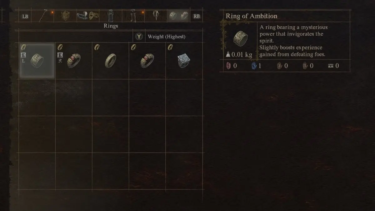 The Ring of Ambition item in Dragon's Dogma 2, in the game's menu.