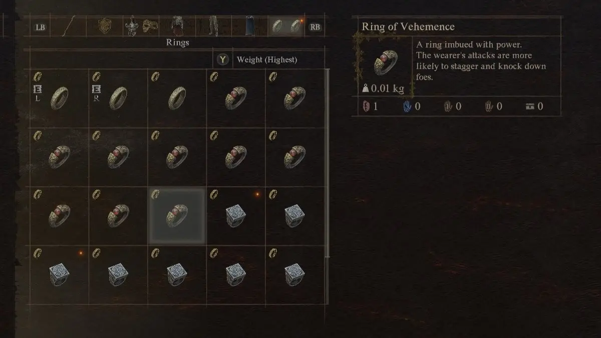 The Ring of Vehemence item in Dragon's Dogma 2, in the game's menu.