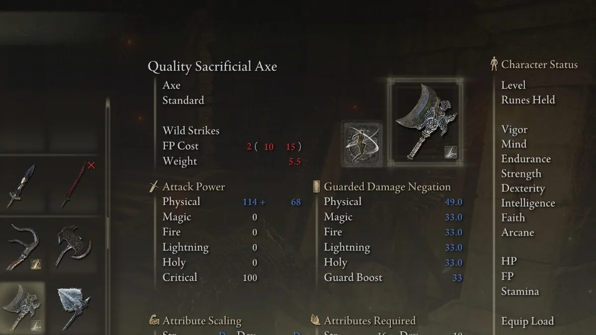 The Quality Sacrificial Axe weapon in Elden Ring.