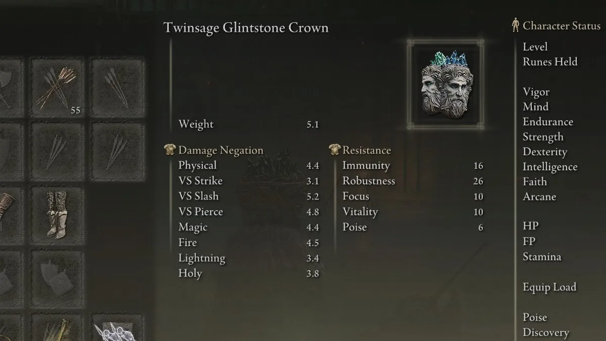 The Twinsage Glintstone Crown item in Elden Ring, in the game's menu.