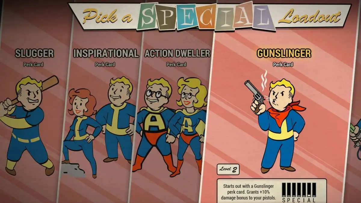 Image of the Fresh Dweller SPECIAL loadouts with the Gunslinger loadout hovered over. It showcases a western cowboy looking Vault-boy with a revolver. The perk bonus of 10 percent extra pistol damage is also there.