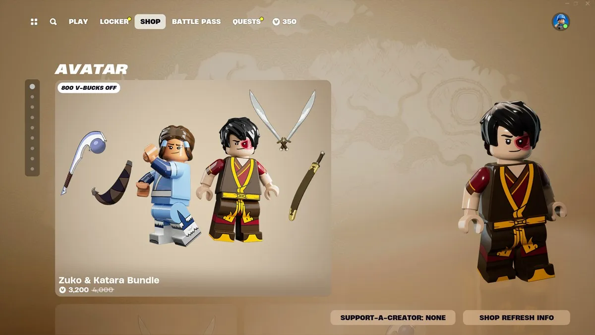 Katara and Zuko bundle in Lego Fortnite