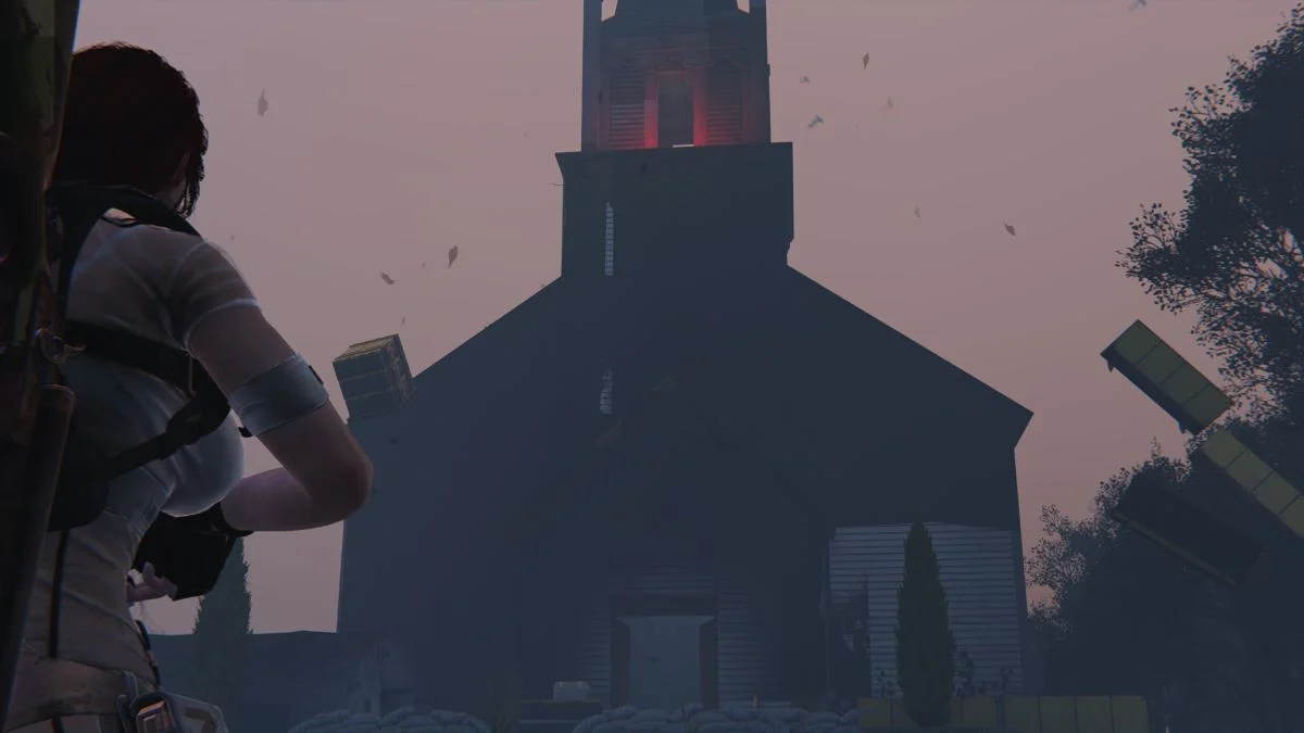 A screenshot of a Once Human player looking up at a cathedral.