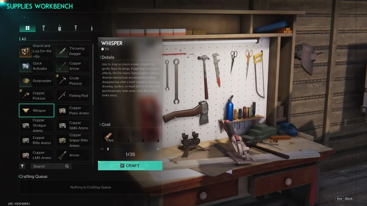 A screenshot of the Supplies Workbench crafting screen in Once Human.