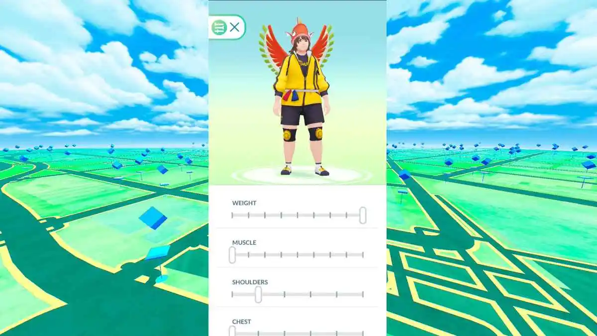 Pokemon Go app showing sliders to create a custom avatar body template.