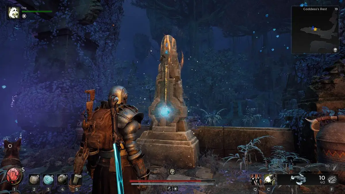 Remnant 2 character is standing in front of an obelisk