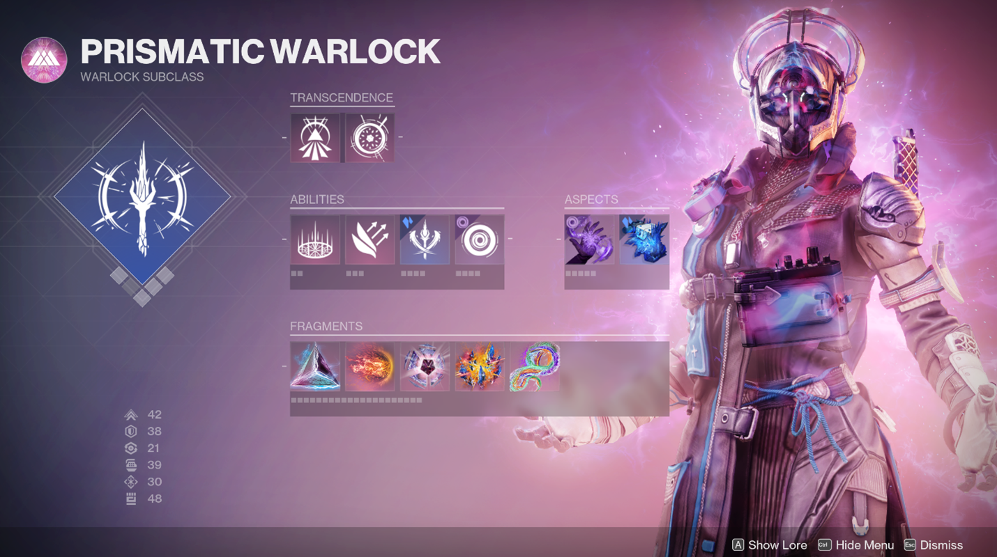 An image showing the subclass menu for Prismatic Warlocks in Destiny 2.