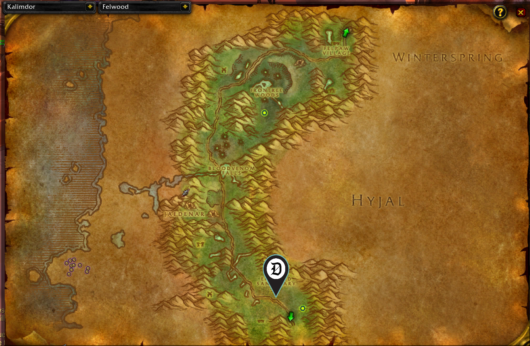 Map of Felwood, showing the exact location of Shadowtooth Emissary.