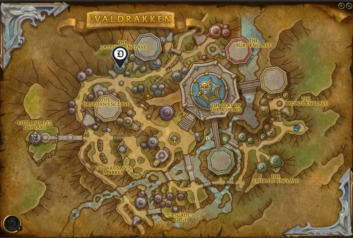 Map of Valdrakken, showing where to finish Scanning the Stacks in Valdrakken