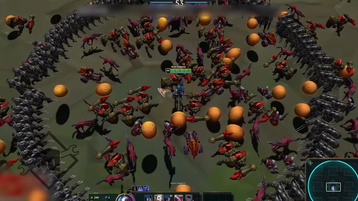 A screen showing a single LoL hero being surrounded by plenty of enemies on screen