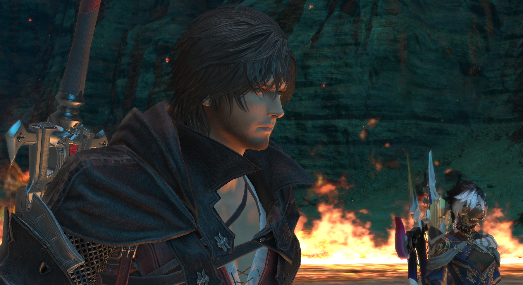 Clive Rosfield and a player character stand in a burning arena in Final Fantasy XIV.