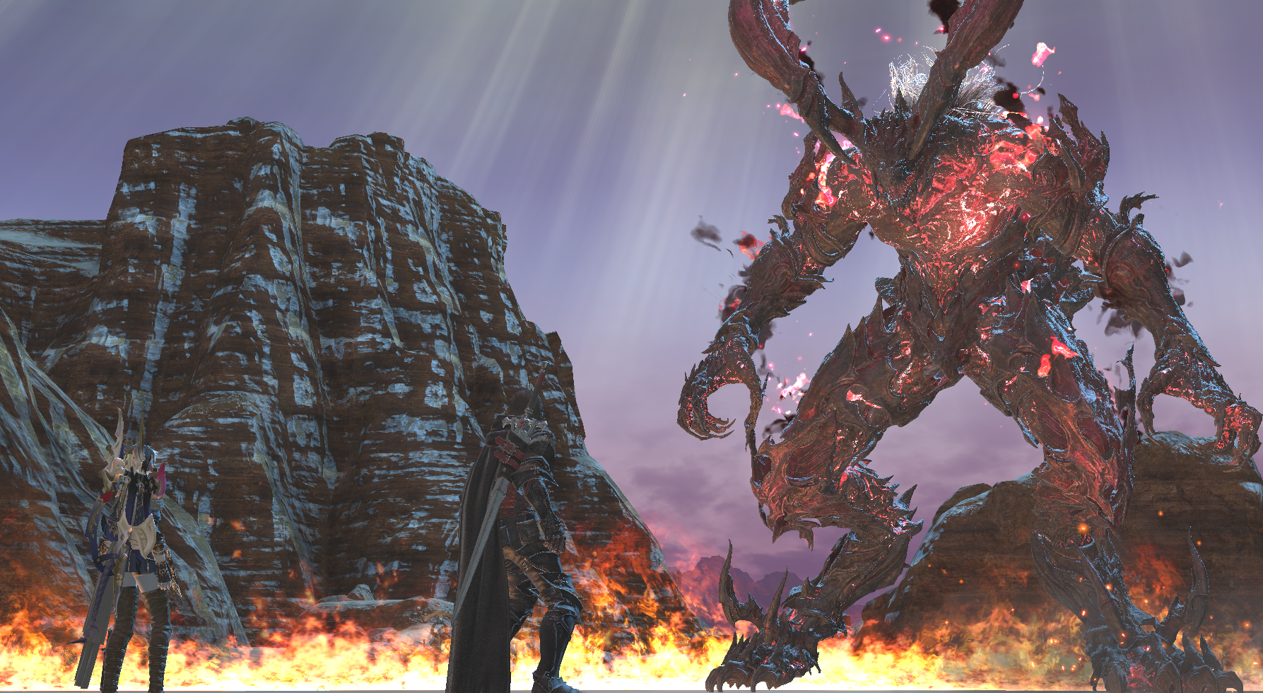 Clive Rosfield and a player character face the Infernal Shadow in Final Fantasy XIV.