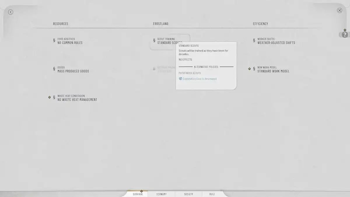 Survival tab of the Idea Tree in Frostpunk 2