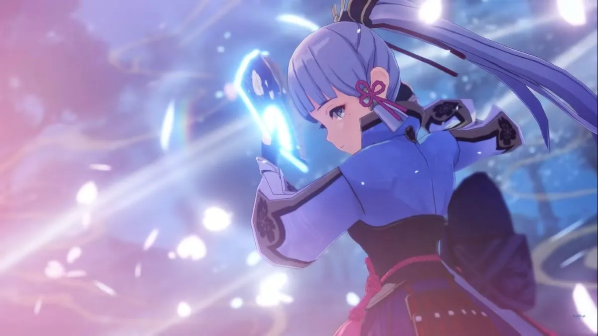 Ayaka charging her Elemental Burst, infusing her sword.