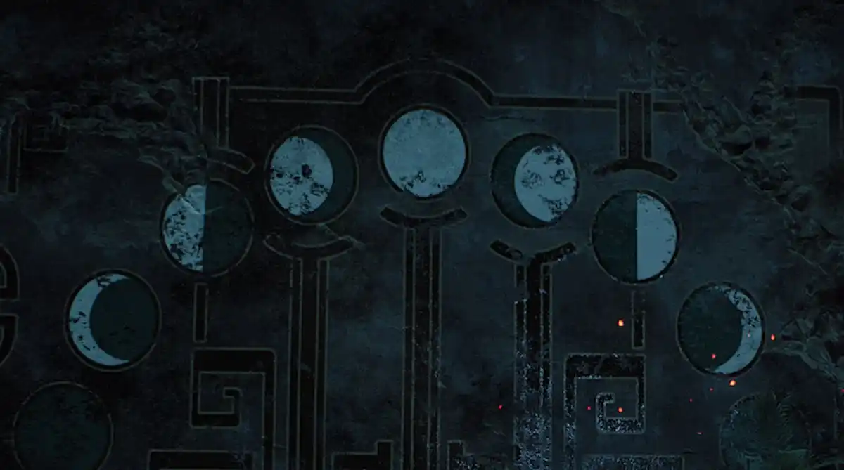 A mural shows the order of the moon phases, starting with a full moon.