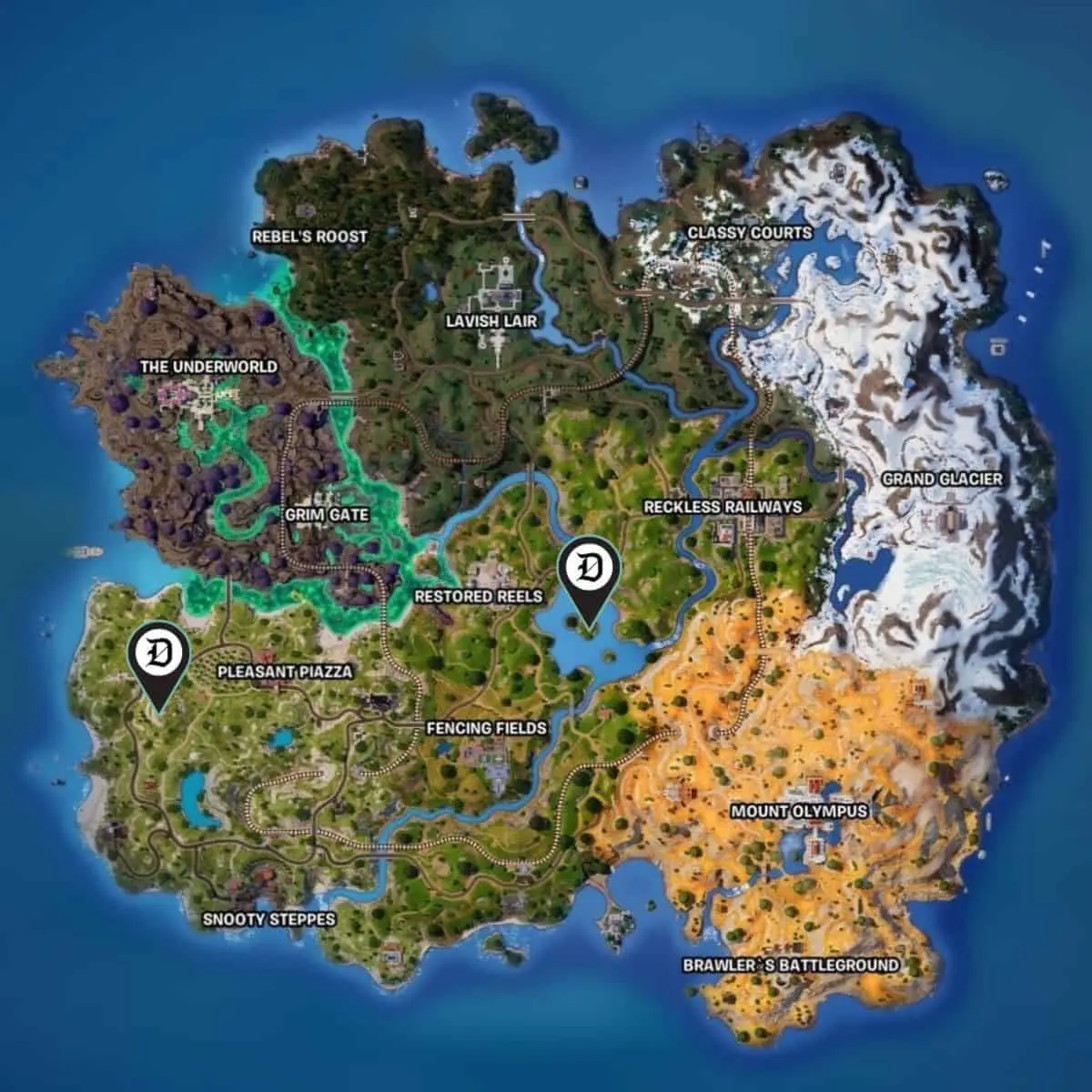 The Fortnite Chapter 5, season two map with two pins marking the locations of the Earth Temples.