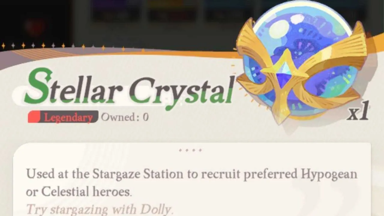 AFK Journey interface showing the Stellar Crystal item for recruiting characters