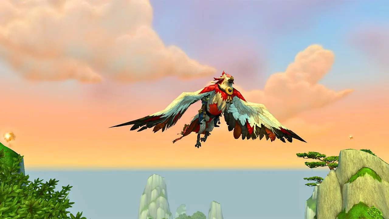 a large bird flying through the sky in mists of pandaria wow