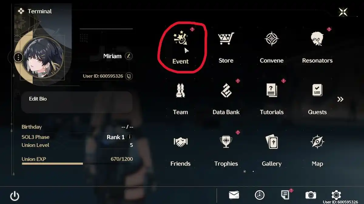 Wuthering waves main menu with the Events tab circled