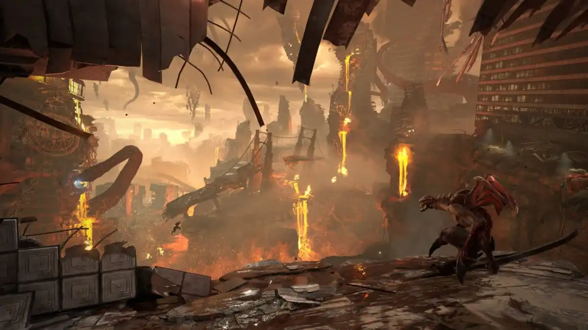 A landscape of a city shown in Doom Eternal.