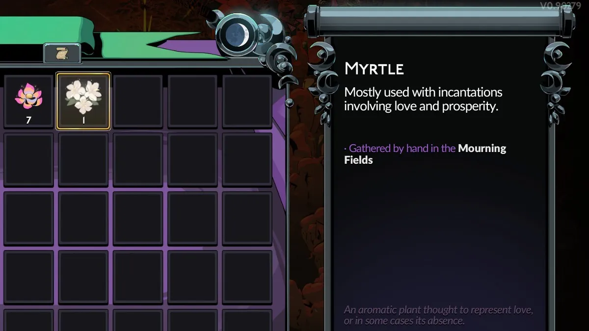 The Myrtle Flower in Melinoë's inventory in Hades 2.