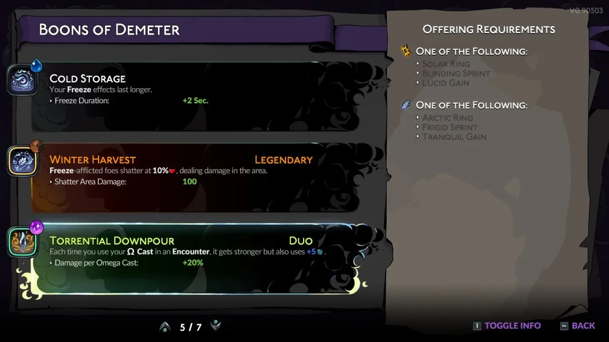 The Torrential Downpour Duo Boon in Hades 2, shown in the Book of Shadows menu.