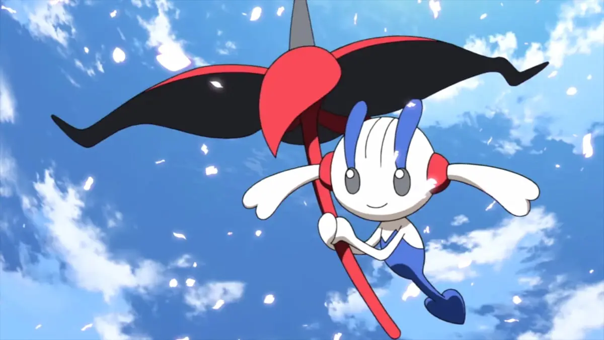 AZ's Eternal Flower Floette floating in the sky in the Pokémon anime.