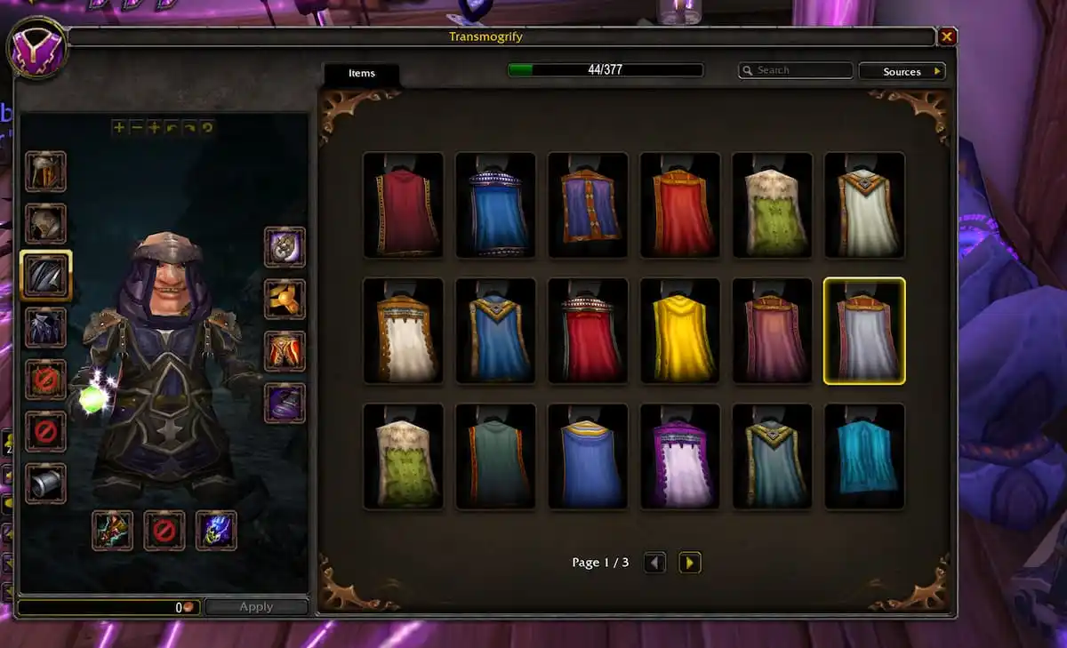 Gnopme Warlock surveying transmog options for cloaks in WoW Cataclysm Classic