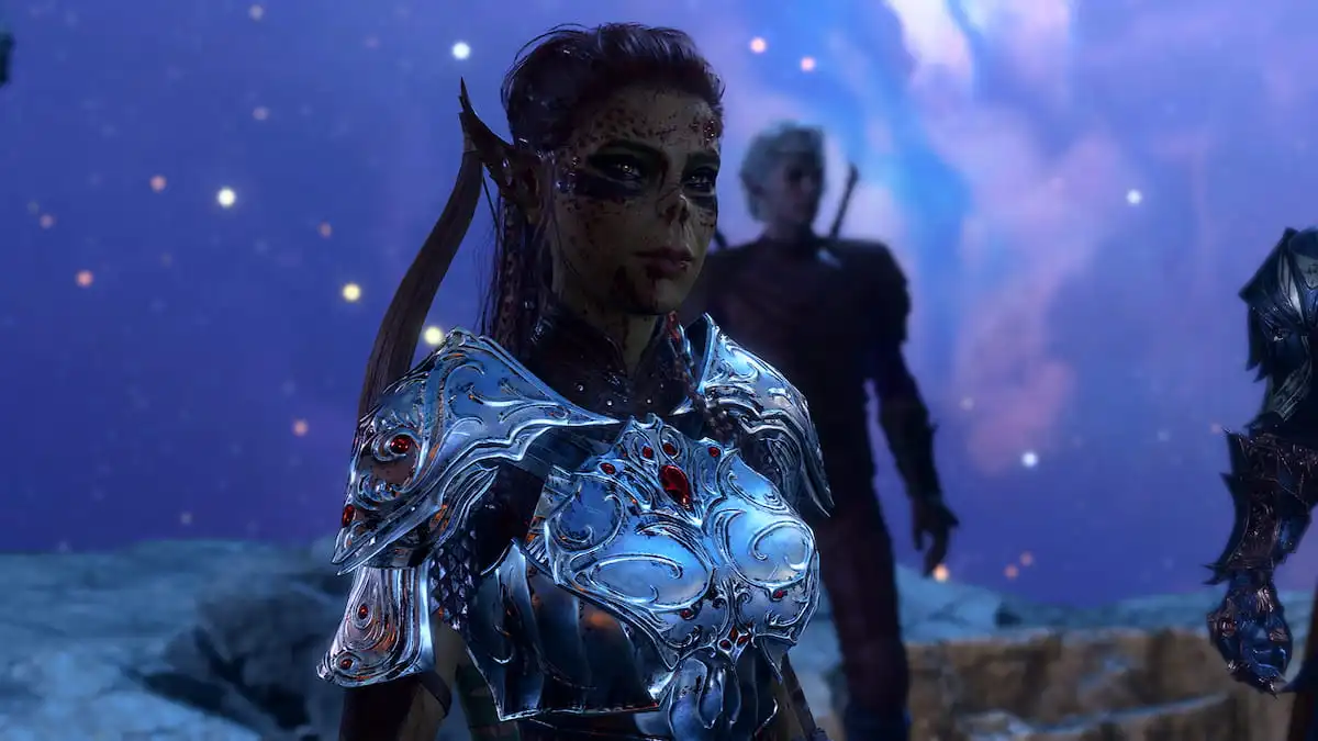 Lae'zel stands in plate armor with her allies behind her.